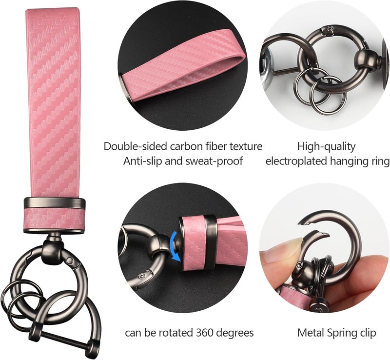 Turcee Carbon Fiber Car Keychain,Automotive Interior Accessories Keychains Leather Car Key Fob,Car Accessories Key Ring&Anti-Lost D-Ring(light pink) - Image 4